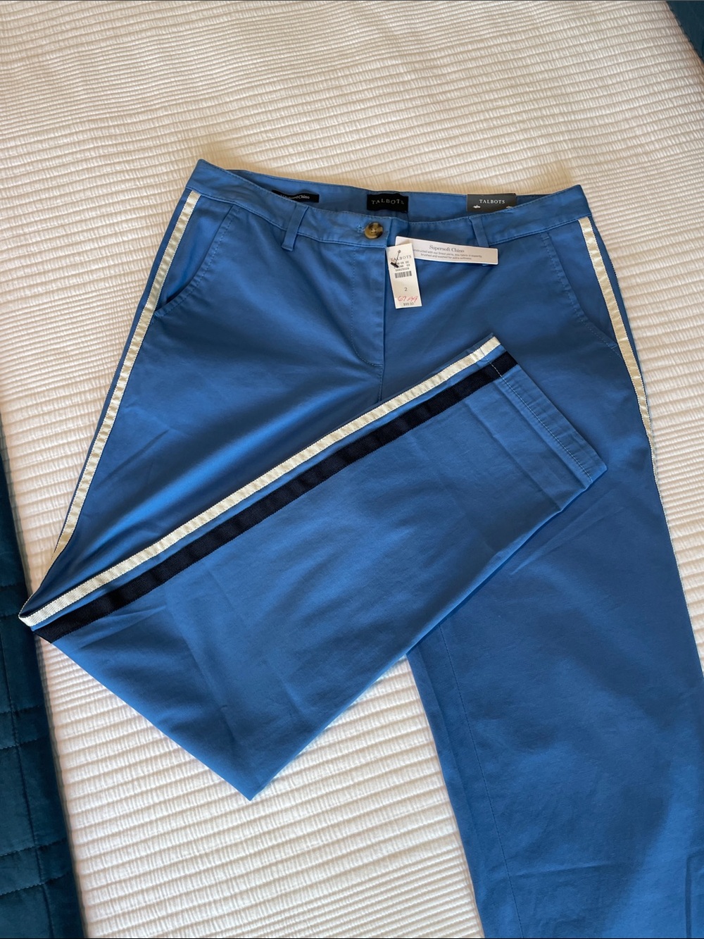 Talbots Blue Relaxed Chino w Navy & White side stripes NWT - sz 2